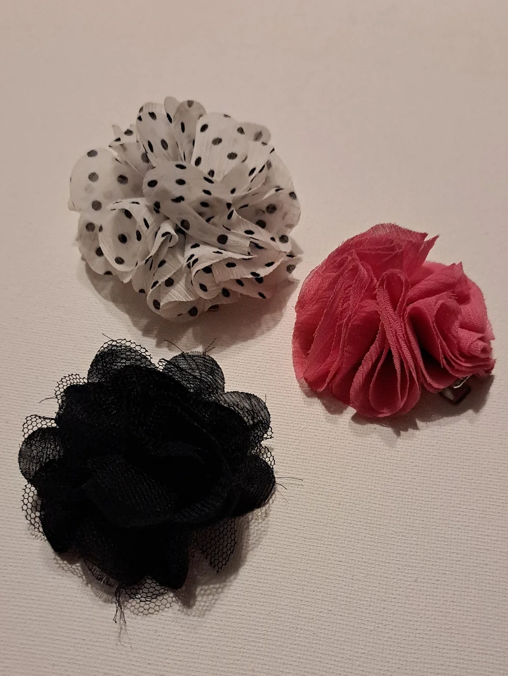 Set Of 3 Kids Floral Fabric Hair Clips - Pink, Black, White Polka Dot